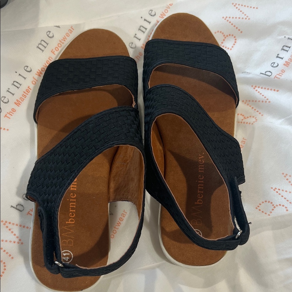 bernie mev. Black Woven Slingback Sandals with Brown Footbed